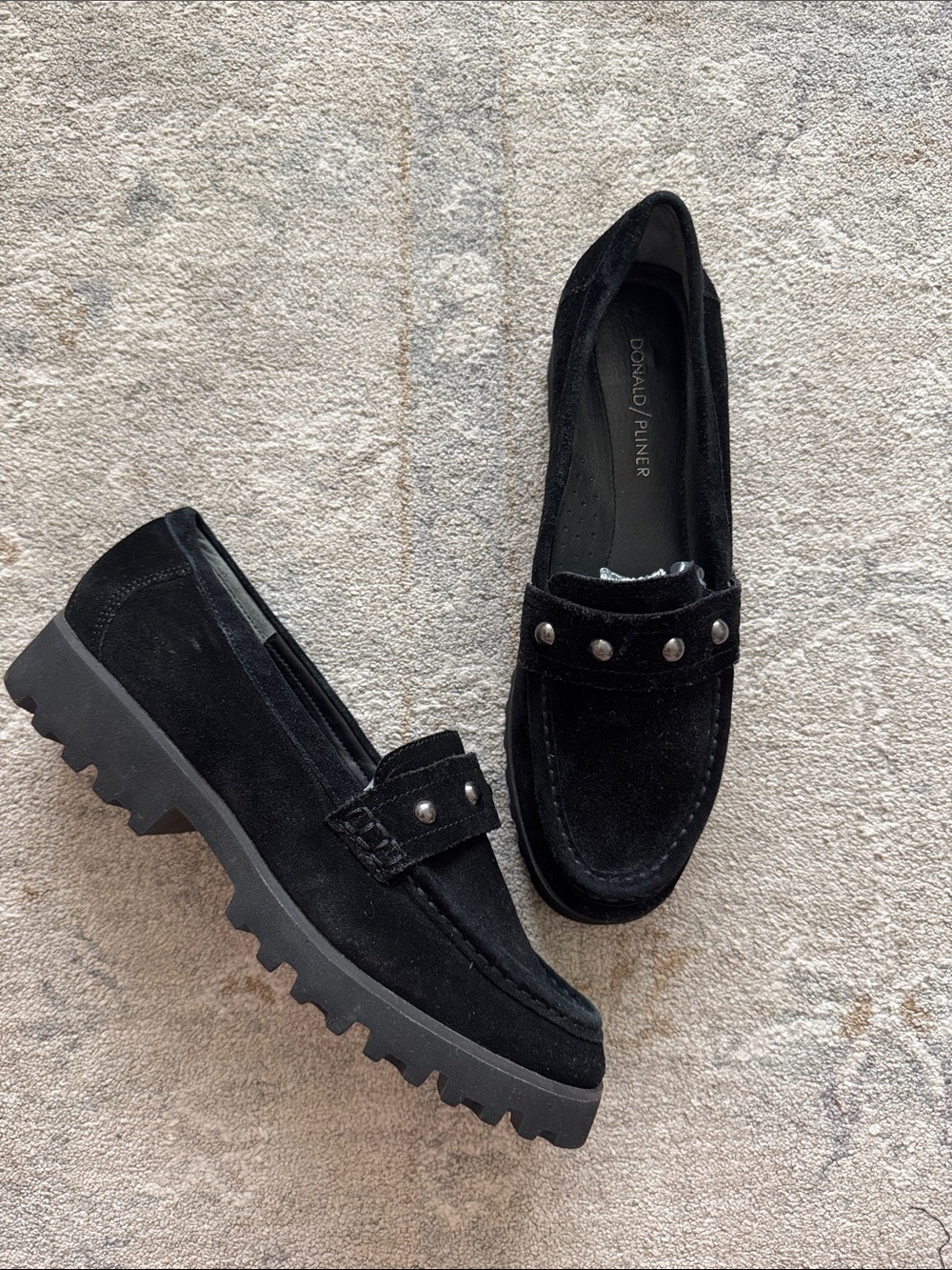 Donald J. Pliner Regina Black Suede Studded Lug Loafers